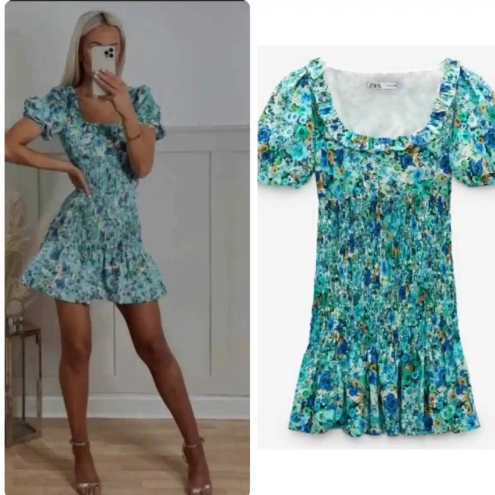 Zara Floral Print Puff Sleeve Smocked Mini